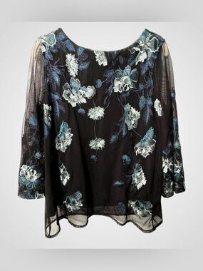 Y2K Whimsigoth Charter Club Black Mesh  Metallic Embroidered  Top S Sheer Sleeve